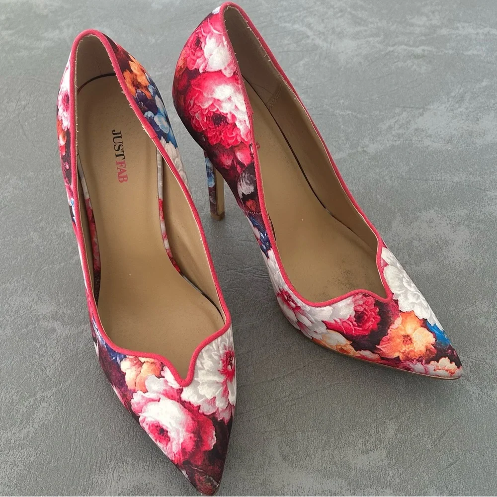 Justfab Pointed Toe Floral Stiletto Heels